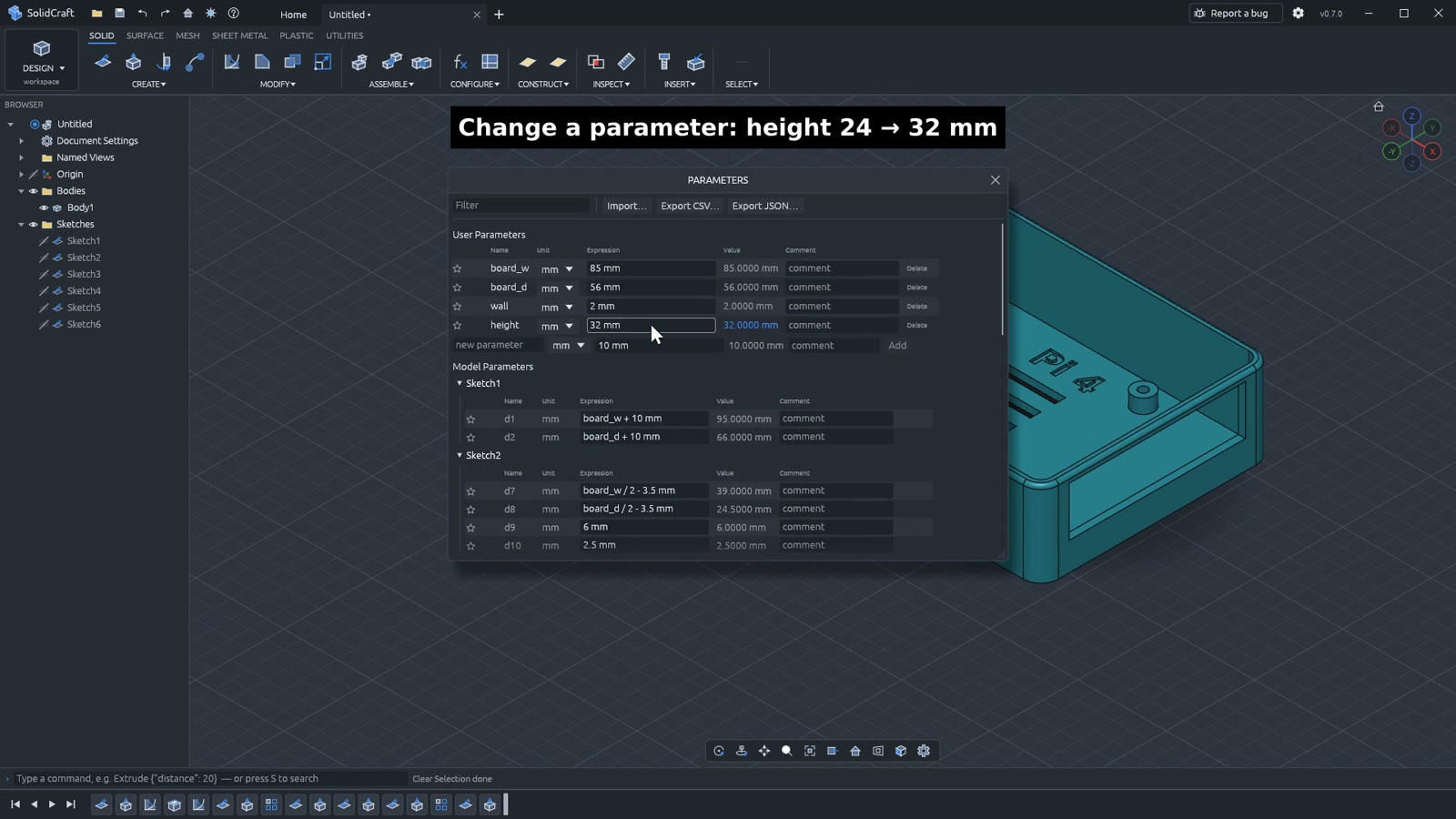 The Parameters panel with board dimensions, wall thickness, and enclosure height